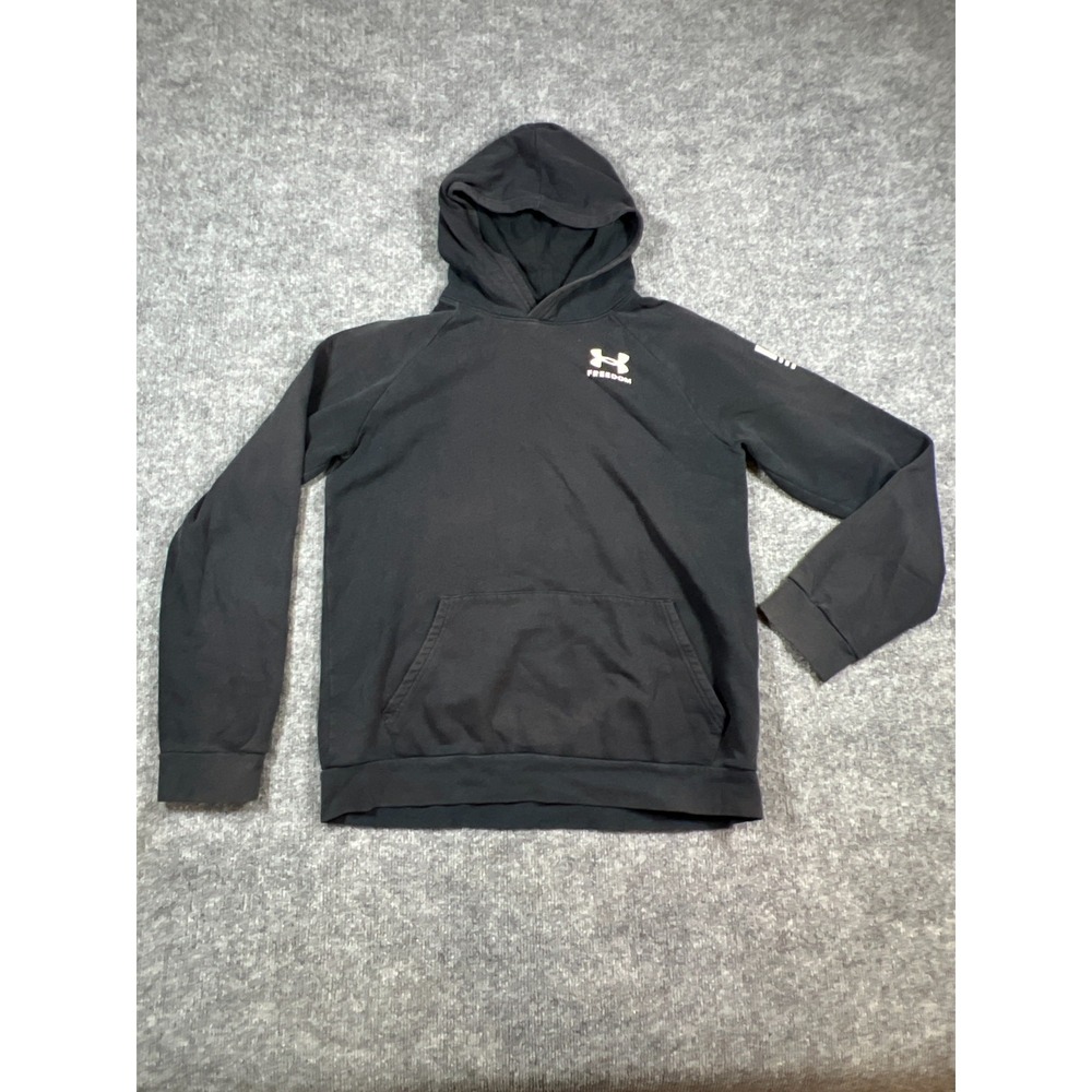 Under Armour Freedom Hoodie Boys XL Black Fleece Lined Loose Fit Kangaroo Pocket